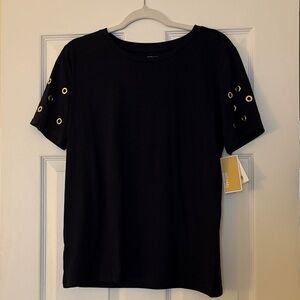 MICHAEL Michael Kors Navy Tee with Gold Eyelet Sleeves